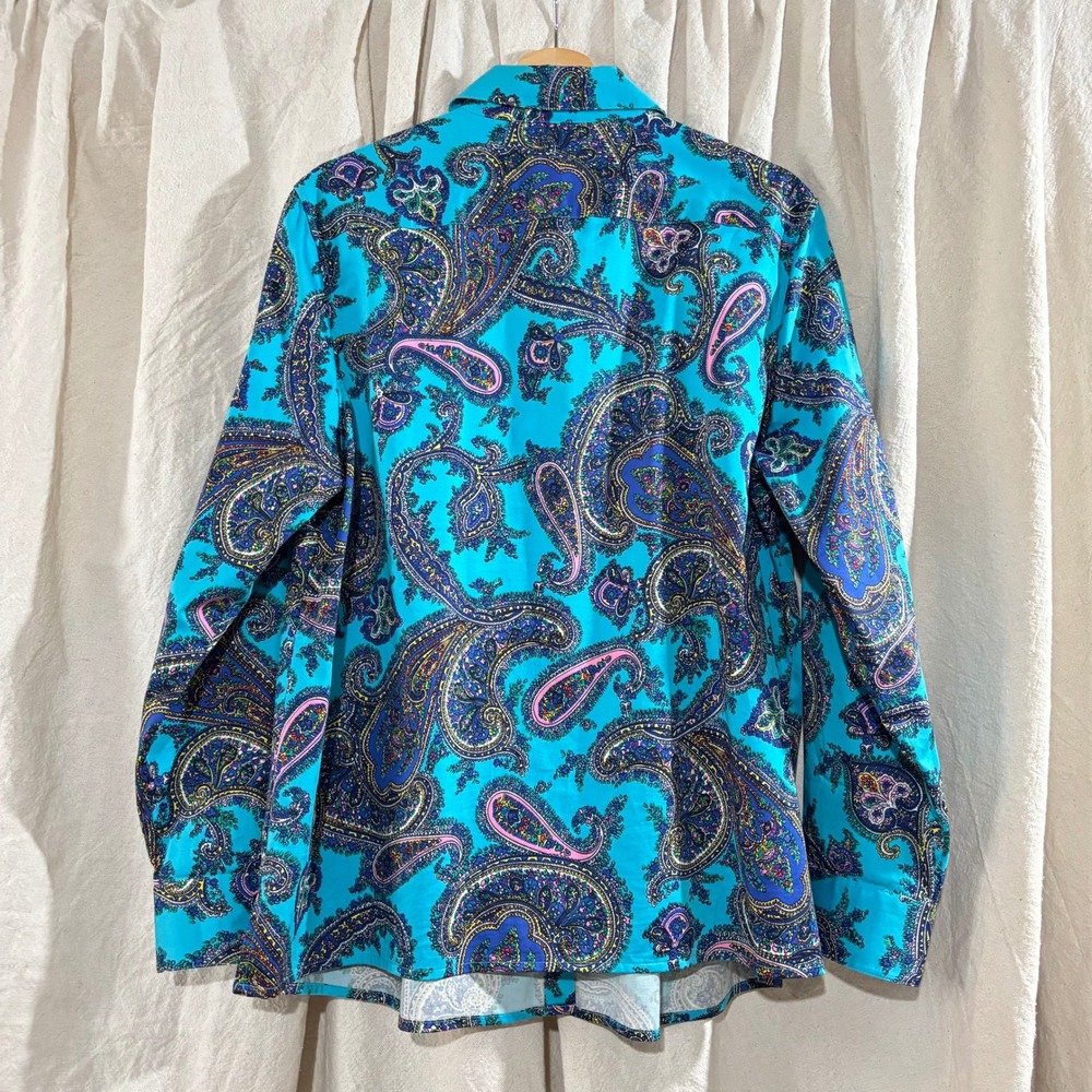 Talbots NWOT 1X Turquoise Blue Paisley Cotton Stretch Button Down Shirt Blouse - Picture 3 of 7